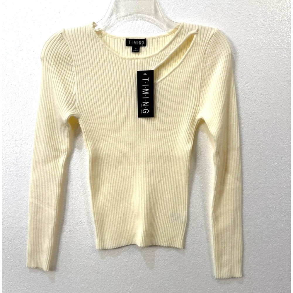 NWT Timing‎ Ivory Ribbed Shoulder Cut Out Viscose Blend Sweater Size Medium